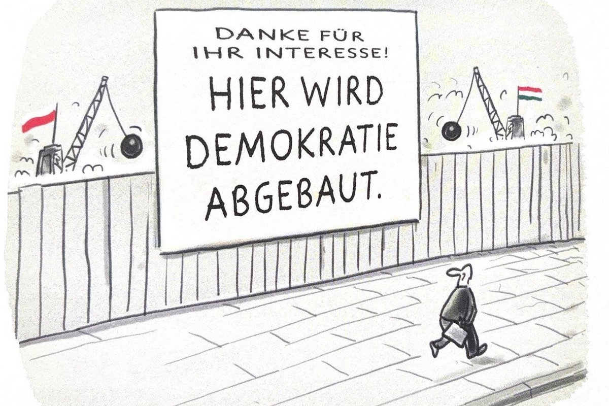 Cartoon von Markus Grolik (Ausschnitt aus dem Buch „Wir haben die Wahl!“ des Lappan Verlags, Hamburg) Der Schriftzug: Hier wird Demokratie abgebaut