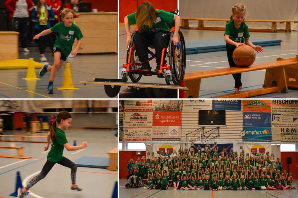 Eine Sammlung von vier Bildern. Zu sehen sind Kinder, die in einer Turnhalle Sport treiben.